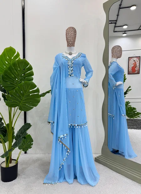 RTC 5779 Faux Gorgette Thread With Sequnce With Real Mirror And Kodi Lace Broder Top With Plazo Dupatta Online Wholesale